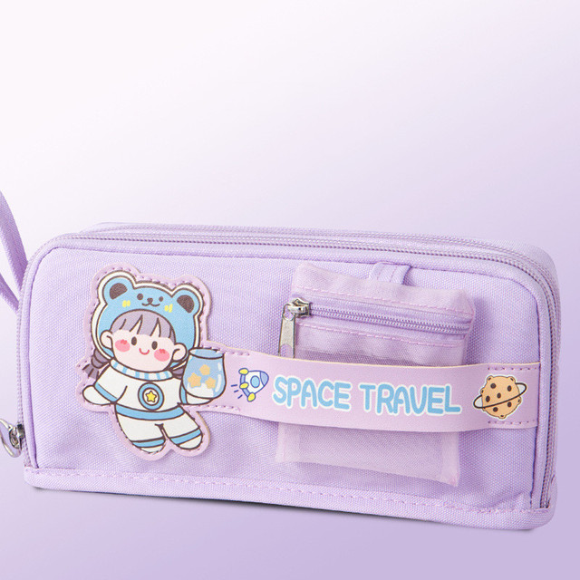 Cartoon portable canvas pencil bag with pen insert coin purse large capacity pencil case school student stationery storage bags