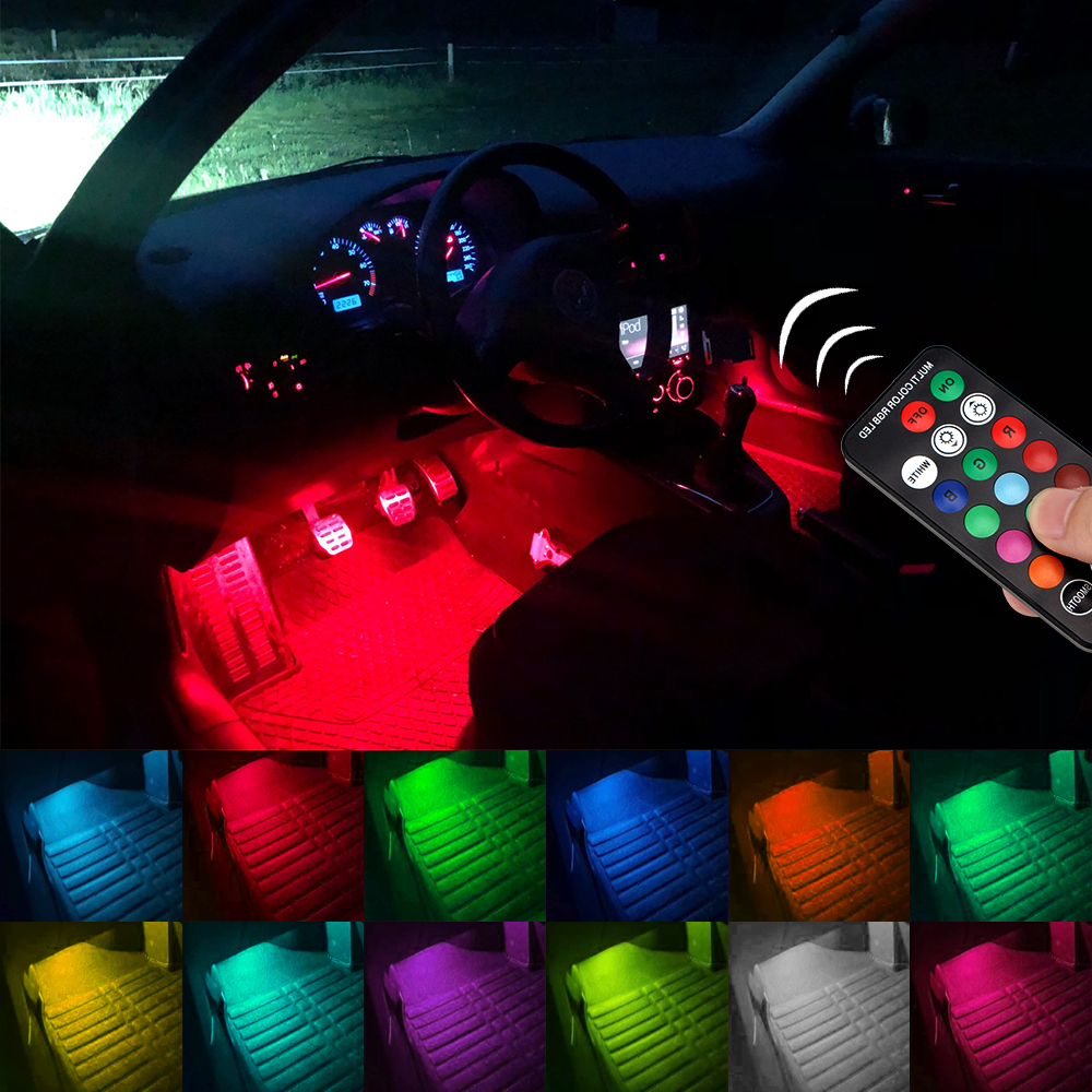 LED Wireless Remote LED Car Decorative Lamp RGB Charging Foot Light Auto Ambient Light Lamp Car Interior Atmosphere Light 2 PCS