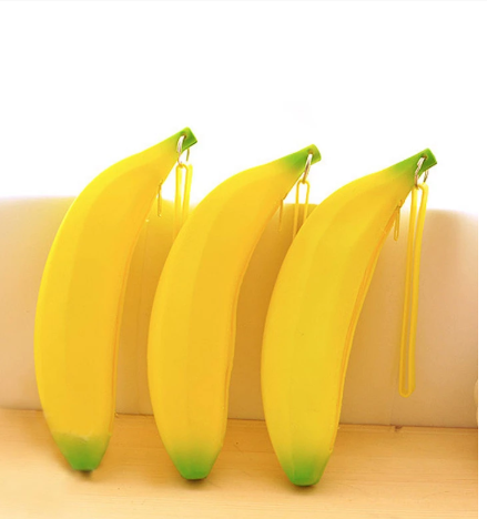Novelty Yellow Banana Silicone Pencil Case Stationery Storage Bag dual Coin Purse Key Wallet Promotional Gift Stationery