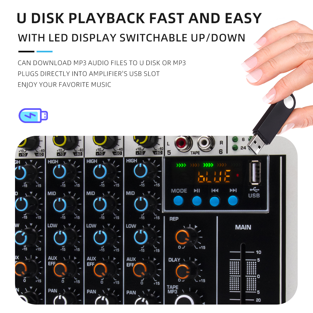 MIX400 professional 6-channel DSP USB sound card interface console mixer mixer with reverb delay effect +48V phantom power
