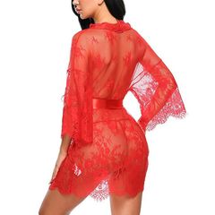 Sex Lingerie Lace hollowed out night-robe Open Pyjamas See-through dress blouses with thong sex toys adult gift Sexy lace Red M