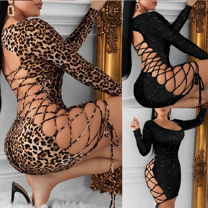 Fashion Women Leopard suits Bling Bodycon Sexy Mini Dress Long Sleeve Bandage Hollow Out Evening Party Club Ladies Dresses