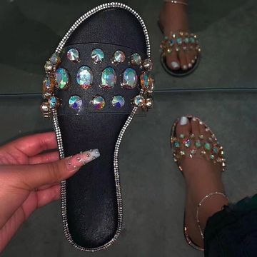 Summer Slides Women Flip Flops Shoes Slippers Gemstone Rhinestones ...