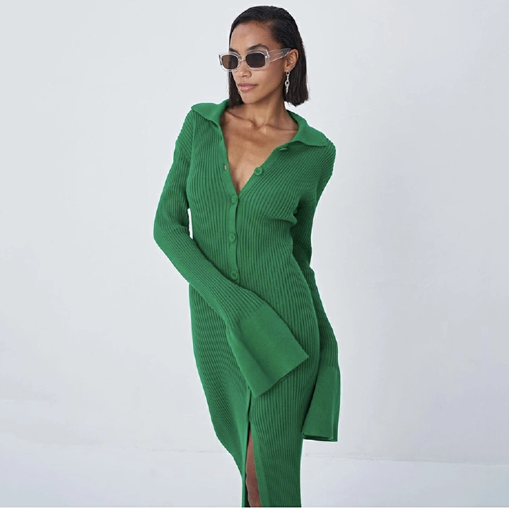 Women Y2K Knit Long Sleeve Sweater Maxi Korean Dress Lady's Single Breasted Elegant Mid Split Slim Casual Robe Dresses Clothing Fashion Lady Solid Color Long Sleeve Cross V Neck Bodycon Banquet Dress