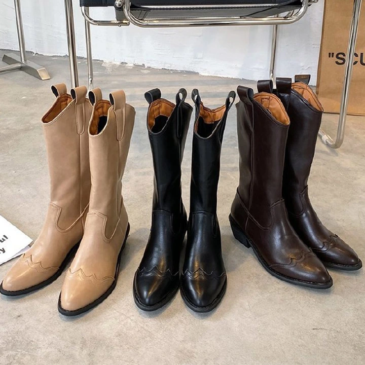 Women Western Mid Calf Boots PU Leather Boot Ladies Black Cowboy Retro Women's Working Oxford Shoes Female Vintage Casual Shoes