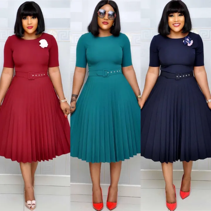 European and American Fashion Women's New African Solid Round Neck High Waist Zipper Pleated A-line Large Pendulum Dress Three Color Option S-3XL Large Size Medium Length Pleated Summer African Dress
