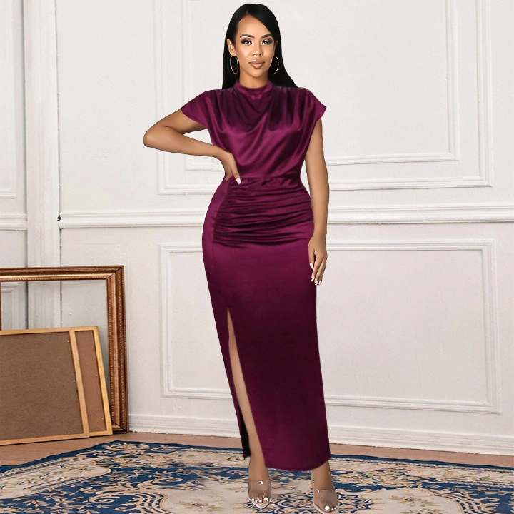 European and American popular high neck pleated long dress solid color dress with split high waist temperament buttocks commuting dress in five colors S-4XL