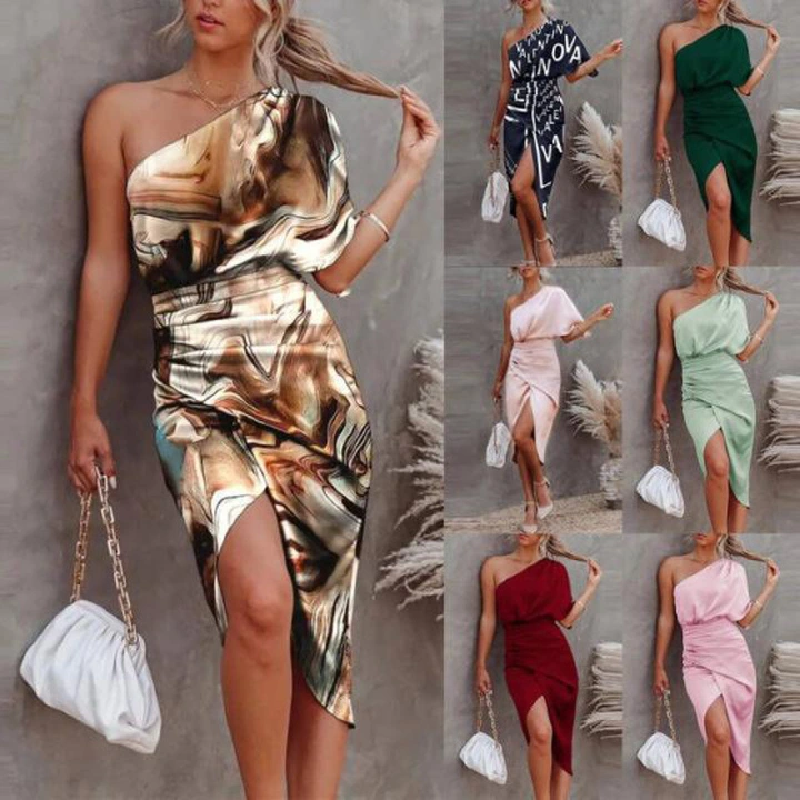 Party Dress Elegant Summer New Irregular Diagonal Slim Fit Dress Sexy Diagonal Collar Fold Off Shoulder Solid Sleeveless Hip Wrap Dress One-sided Sleeve Irregular Dress Dress Evening Dress Women