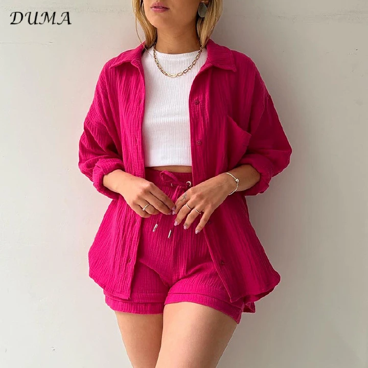 "DUMA" Women's two-piece lapel long sleeved shirt, high waist drawstring shorts, large fashion casual set