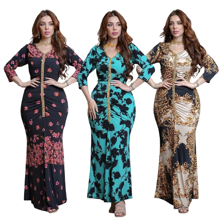 "DUMA" Middle Eastern Fashion Tight Printing Fishtail Dress Kaftan Dress Dress Robe