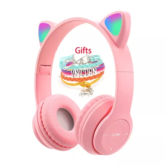 Wireless Headphones Cat Ear with Mic Blue-tooth Glow Light Stereo Bass Helmets Children Gamer Girl Gifts PC Phone Gaming Headset