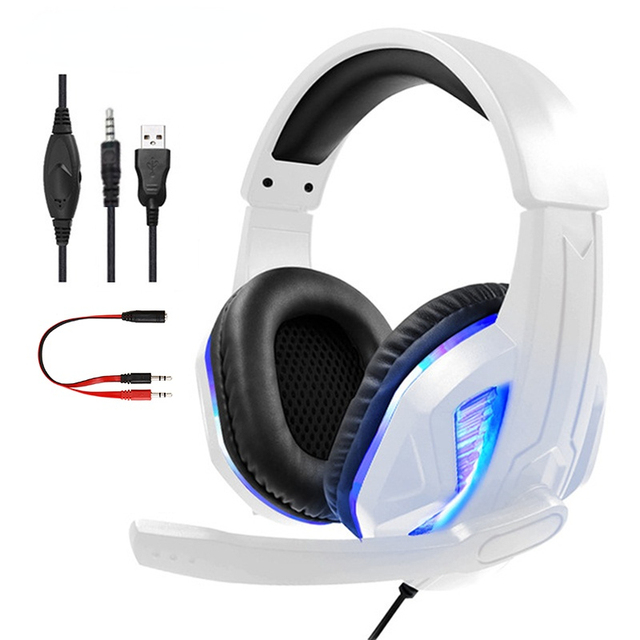 White Wired Headphoness For PC With HD Microphone & Bule LED Light High Quality Stereo Bass Gaming Headset For PS4/PS5/Switch