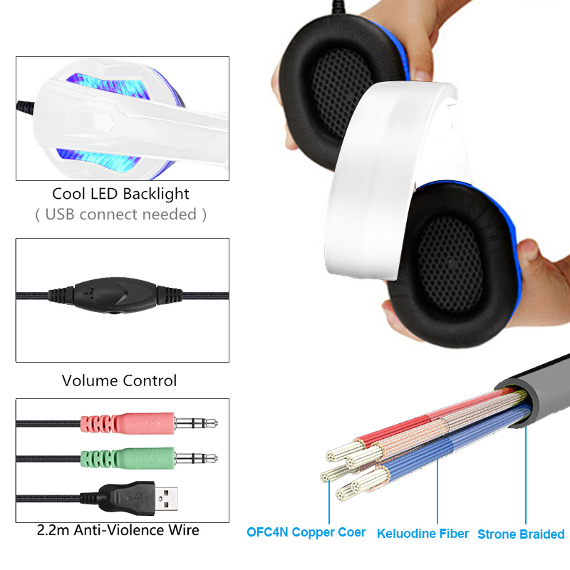 White Wired Headphoness For PC With HD Microphone & Bule LED Light High Quality Stereo Bass Gaming Headset For PS4/PS5/Switch