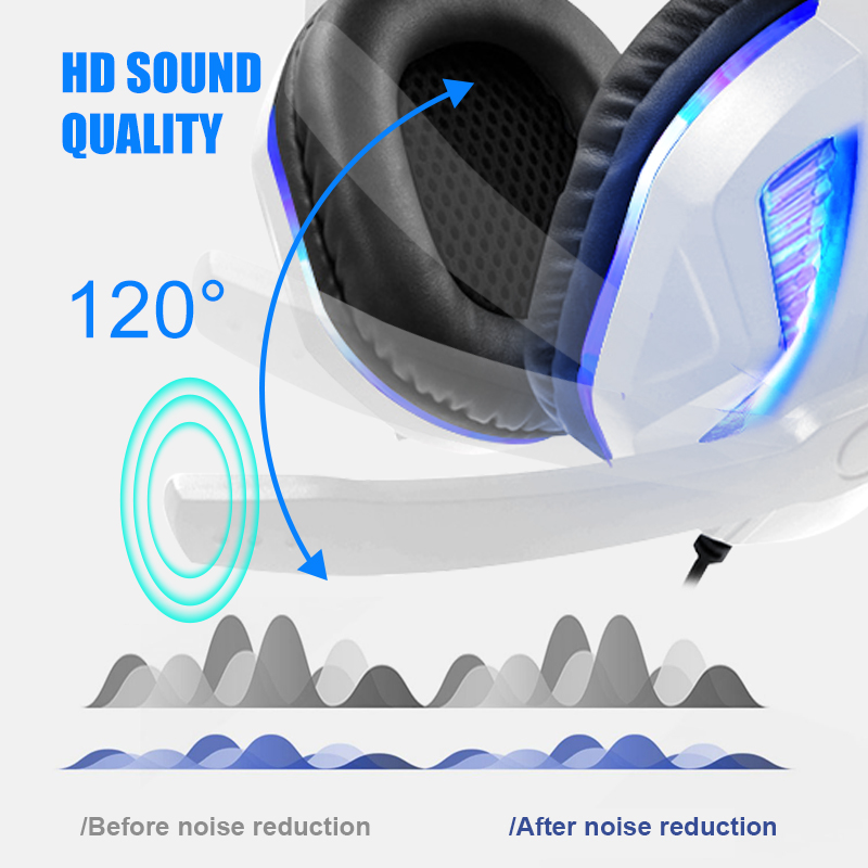 White Wired Headphoness For PC With HD Microphone & Bule LED Light High Quality Stereo Bass Gaming Headset For PS4/PS5/Switch