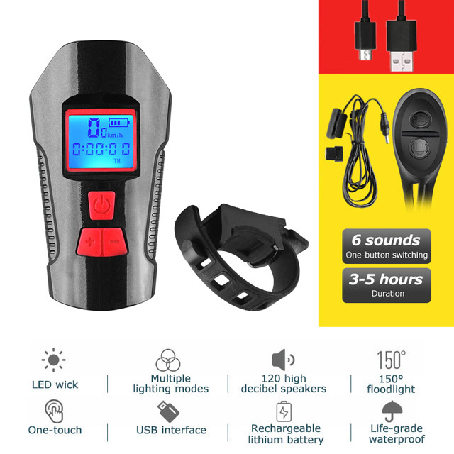 Data Record Modes Bike Computer Speedometer 4 Mode USB Bicycle Light Lamp 6 Mode Horn Flashlight Digital Cycling Odometer
