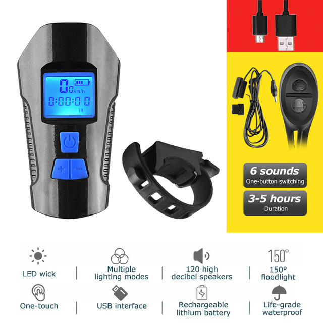 Data Record Modes Bike Computer Speedometer 4 Mode USB Bicycle Light Lamp 6 Mode Horn Flashlight Digital Cycling Odometer