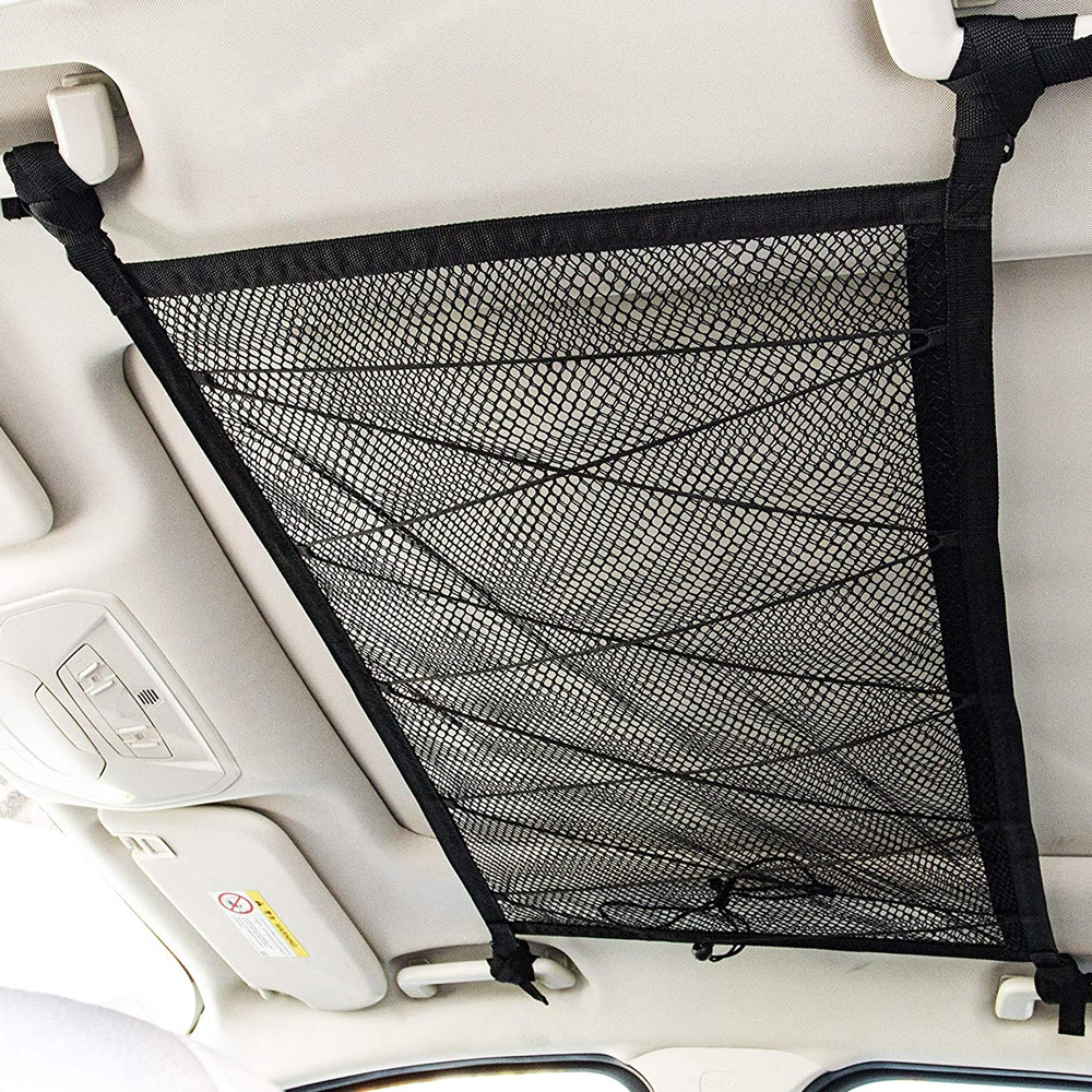 Car Ceiling Roof Interior Cargo Zipper Net Universal Storage Net Bag Sundries Organizer Adjustable Mesh Pocket For Van SUV