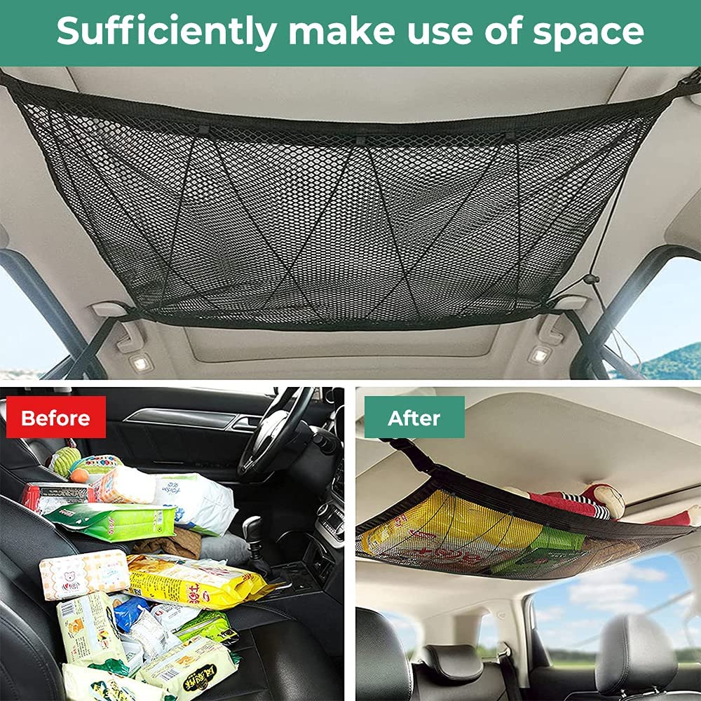 Car Ceiling Roof Interior Cargo Zipper Net Universal Storage Net Bag Sundries Organizer Adjustable Mesh Pocket For Van SUV