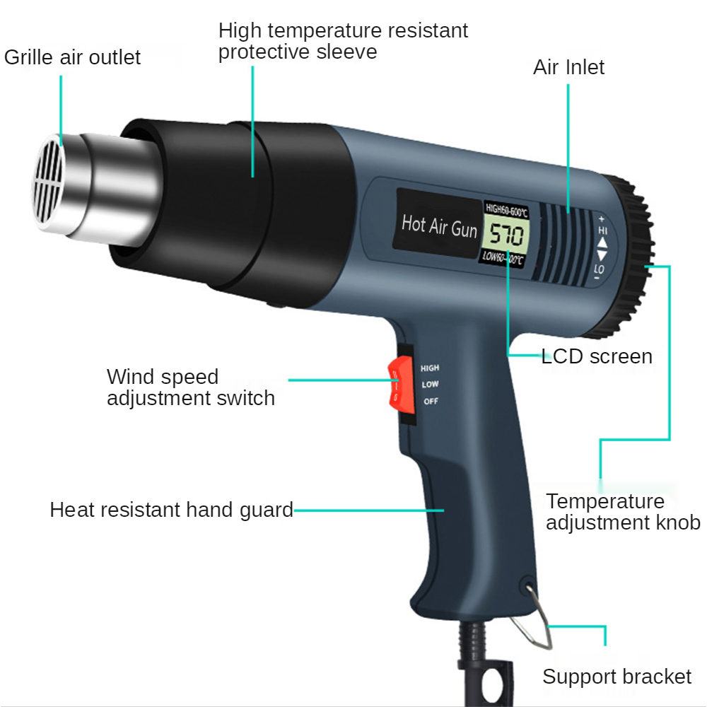 2000W Hair Dryer Construction LCD Display Hot Air Heat Gun for Soldering Thermal Blower Heat Shrink Industrial Hot Air Gun