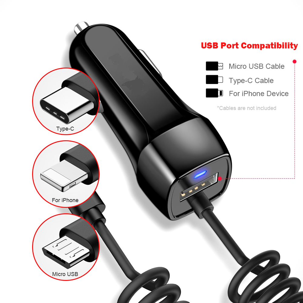 3 Types Car Charger With Spring Micro USB Type C Cable For Cigarette Lighter USB Truck Car Charger For Phone
