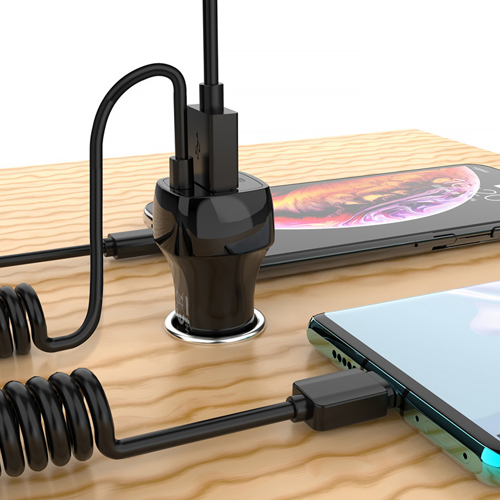 3 Types Car Charger With Spring Micro USB Type C Cable For Cigarette Lighter USB Truck Car Charger For Phone