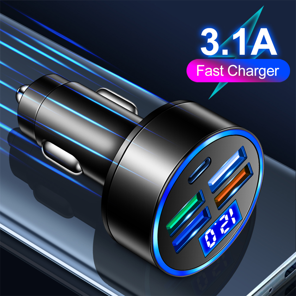 15.5W 4 USB & Type-c 5 Ports Digital Display Car Charger with Voltage Detection Car Charger Multi-port Car Charger 3.1A 12V 24V