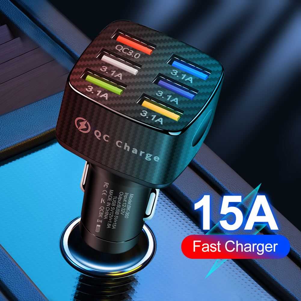 15A Car Charger 6 USB Ports 12V/24V Car Charger Adapter Fast Charging Car Cigarette Lighter Splitter For Phone