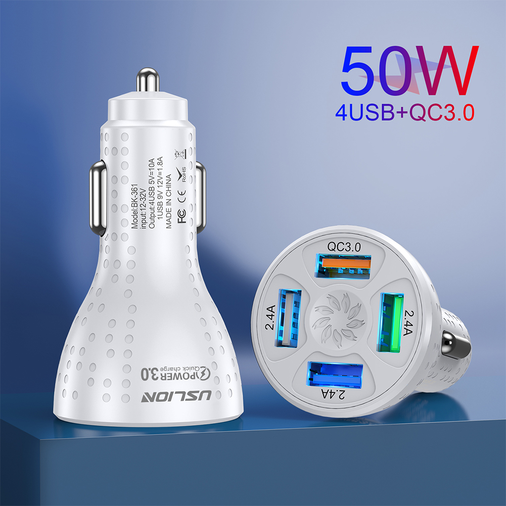 50W QC3.0 4 USB Car Charger 12-32V Car Adapter Socket Quick Car Phone Charger With LED Light