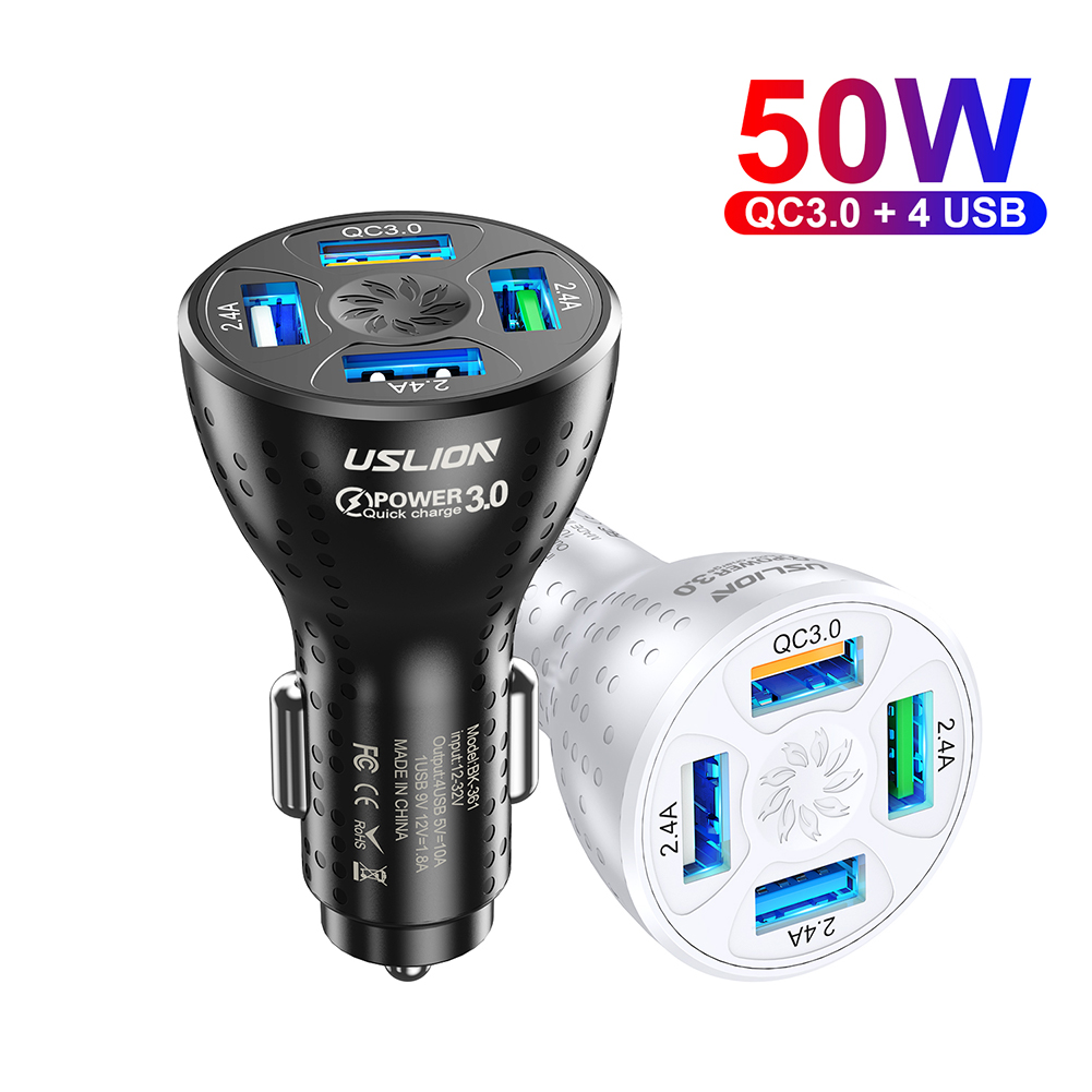 50W QC3.0 4 USB Car Charger 12-32V Car Adapter Socket Quick Car Phone Charger With LED Light