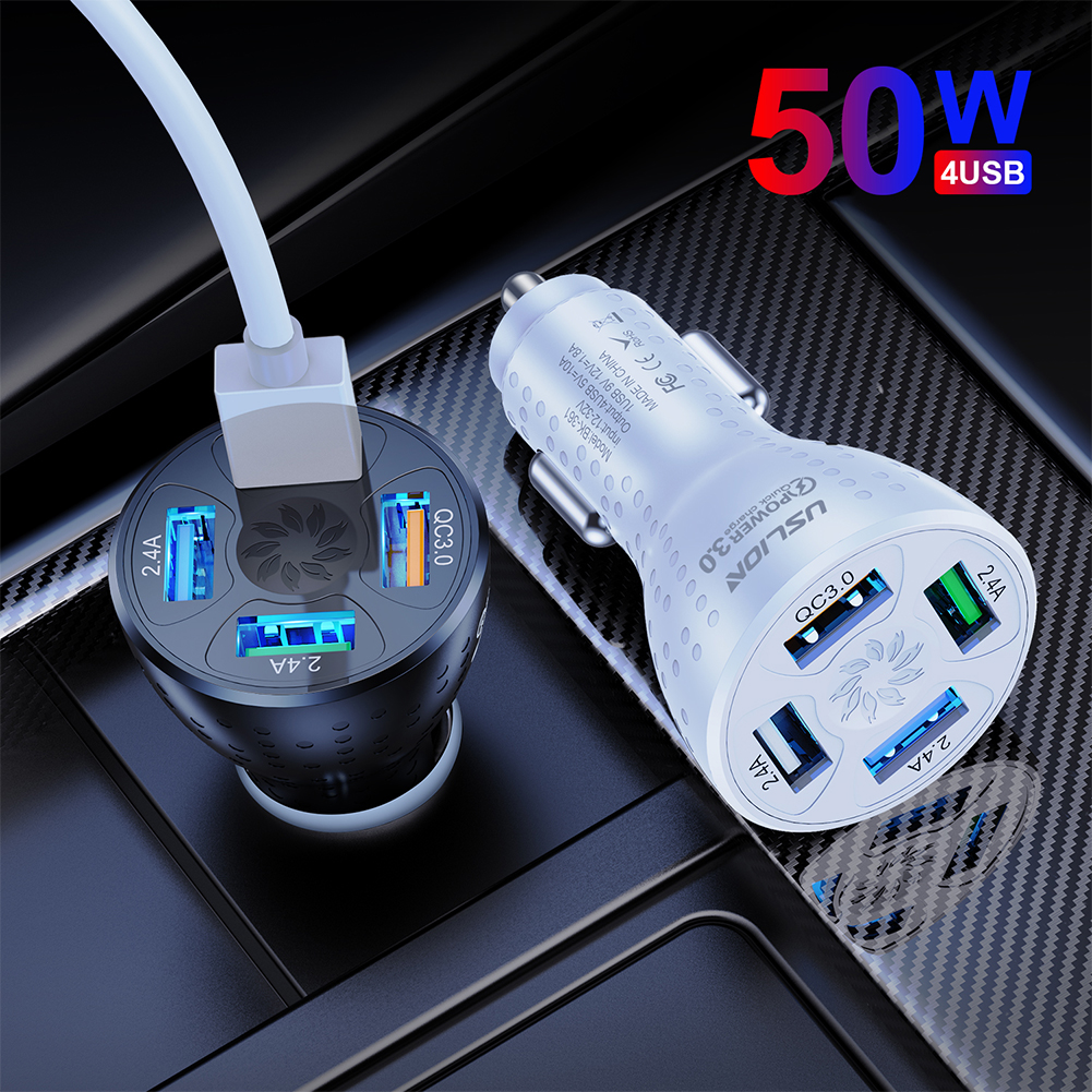 50W QC3.0 4 USB Car Charger 12-32V Car Adapter Socket Quick Car Phone Charger With LED Light