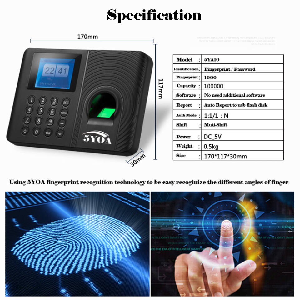 Biometric Fingerprint Time Attendance System Clock Recorder Employee Electronic English Spanish Portuguese Reader Machine Spain