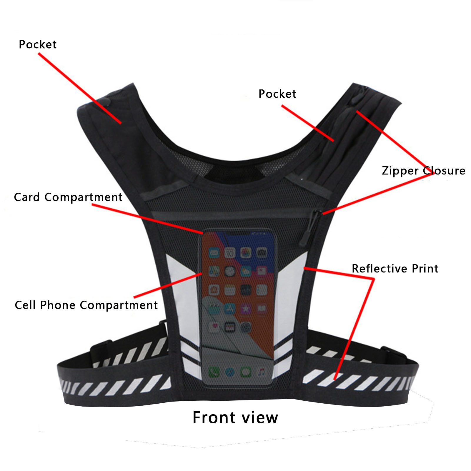 Reflective Running Vest Phone Holder Bag Universal Vest For Joggers Cycling Nights Sports With Pocket To Hold Water Bottle
