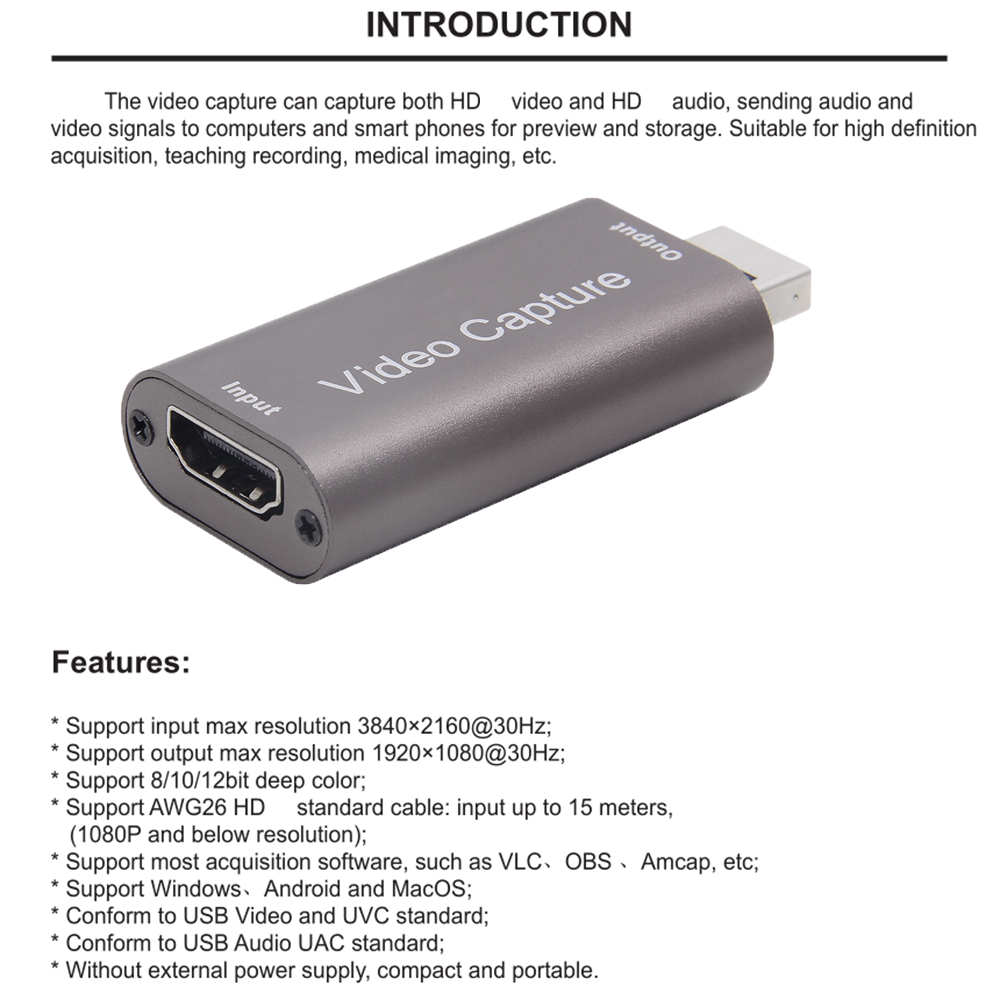 4K Video Capture Card USB 3.0 HDMI-Compatible Grabber Recorder for PS4 Game DVD Camcorder Camera Recording Live Streaming