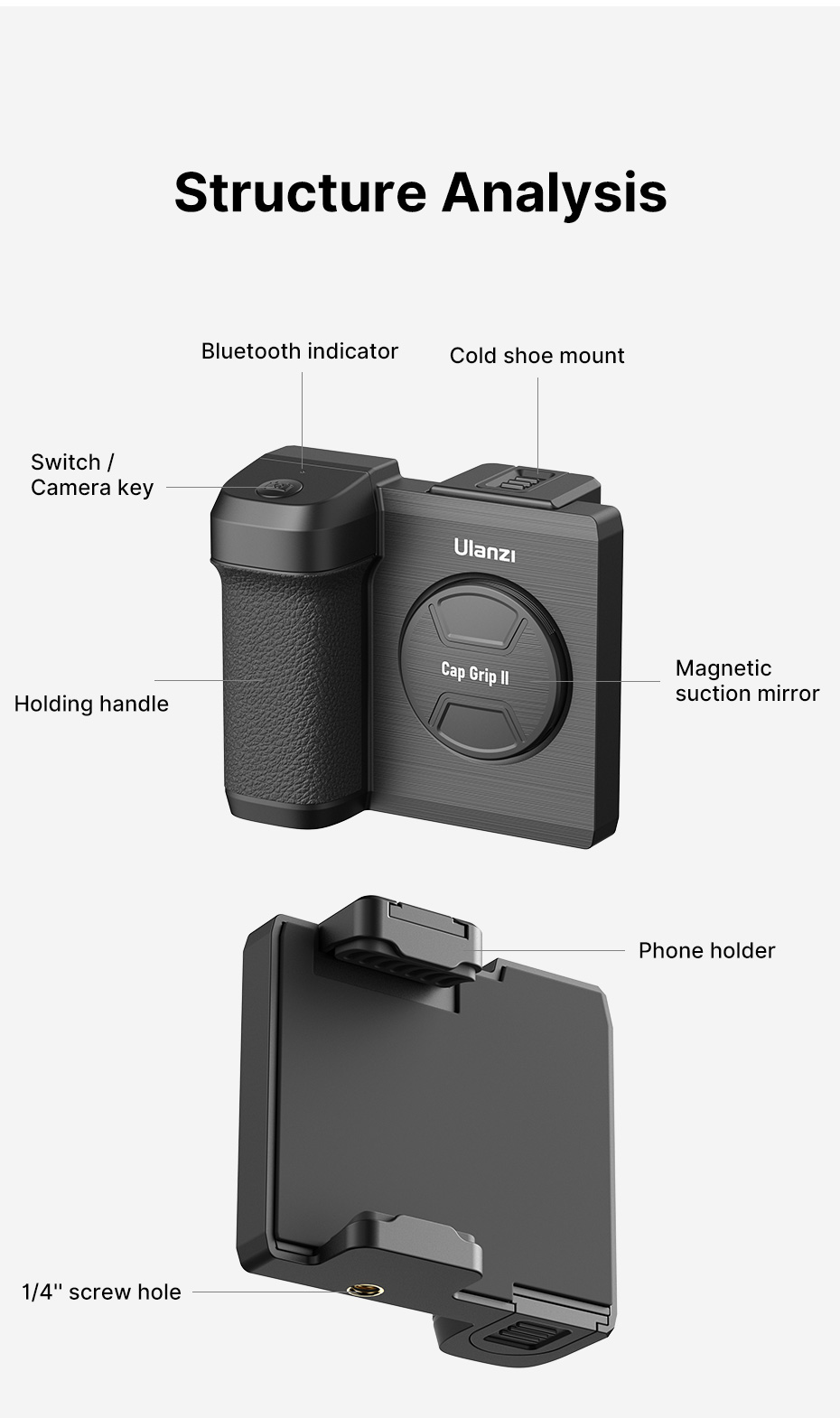 CG01 CapGrip II Handheld Selfie Booster Grip with Bluetooth Remote Control Phone Shutter for Smartphone Photography