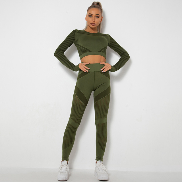 Hollow Out Seamless Yoga Set Sport Outfits Women Two 2 Piece Crop Top Bra Leggings Workout Clothes Gym Suit Fitness Sport Sets