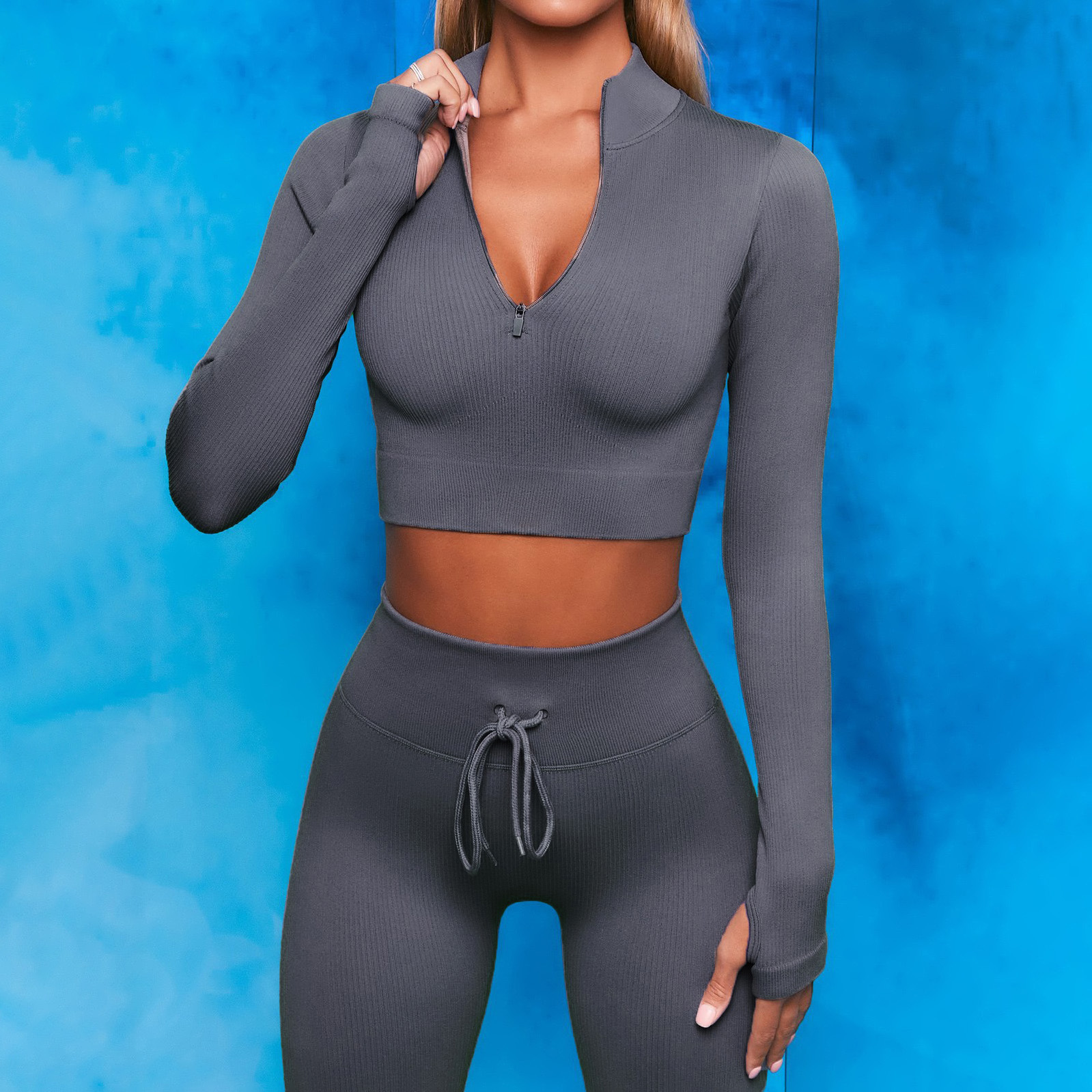 2Pcs Seamless Yoga Set Women Sport Suit Gymwear Workout Clothes Long Sleeve Gym Crop Top High Waist Leggings Fitness Sports Wear