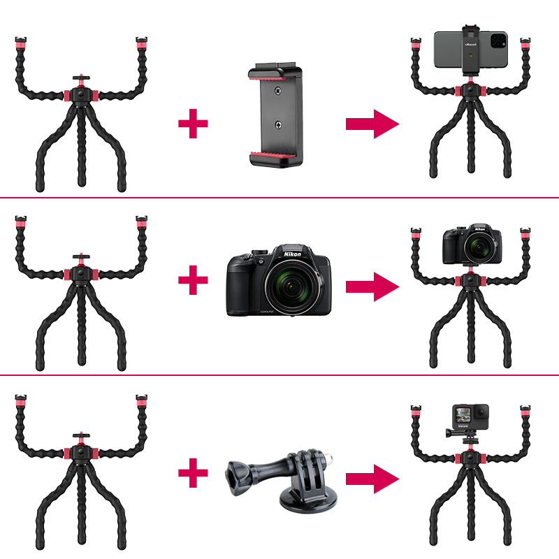 MT-52 Flexible Octopus Tripod Monopod With Double Arm Bracket Extend 1/4 Screw Cold Shoe Smartphone Camera Tripod
