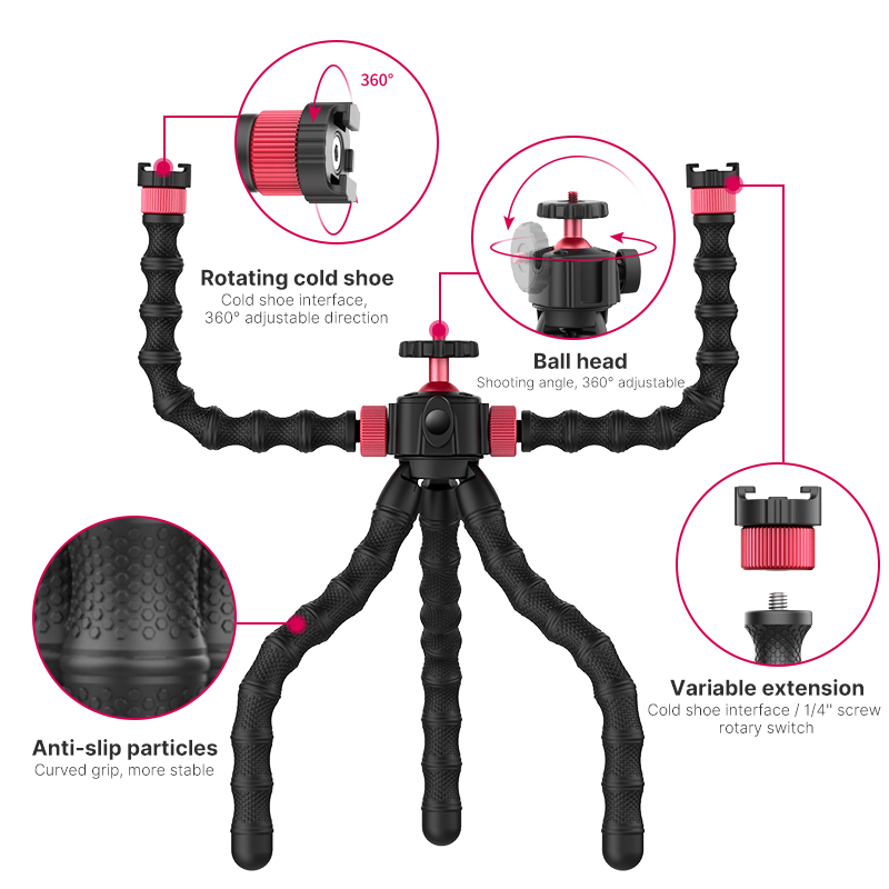 MT-52 Flexible Octopus Tripod Monopod With Double Arm Bracket Extend 1/4 Screw Cold Shoe Smartphone Camera Tripod