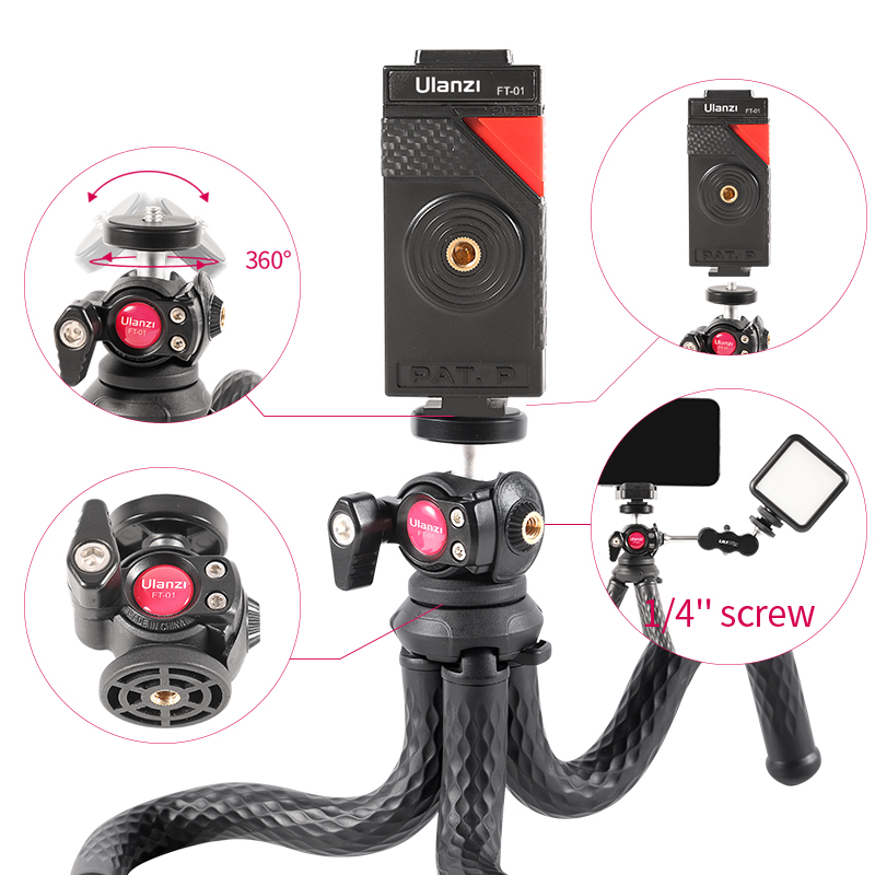 FT-01 Flexible Mini Octopus Tripod for Phone DSLR Vlog Travel Photography With Cold Shoe Phone Holder Mount Mic Light