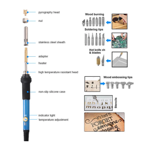 60W Electric Soldering Iron Set Wood Burning Carving Pyrography Pen Kit Beginner Artistic Creation Wood Cautery Repair Tools