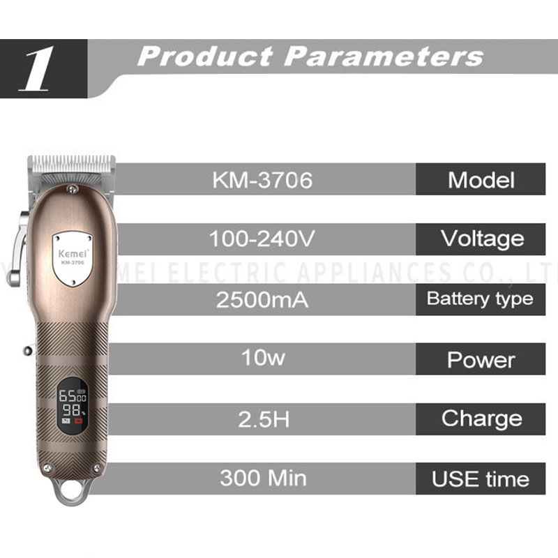 KM3706 pro electric LED hair trimmer metal housing professional cord cordless adjustable powerful hair clipper haircut
