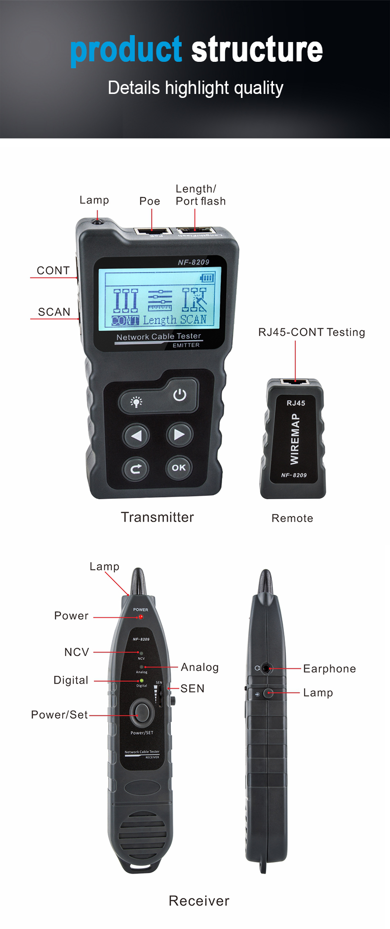 NF-8209 RJ45 Cable Tracker POE network Wire Checker cable tester Test Network Tool Scan Cable Wiremap utp Tester