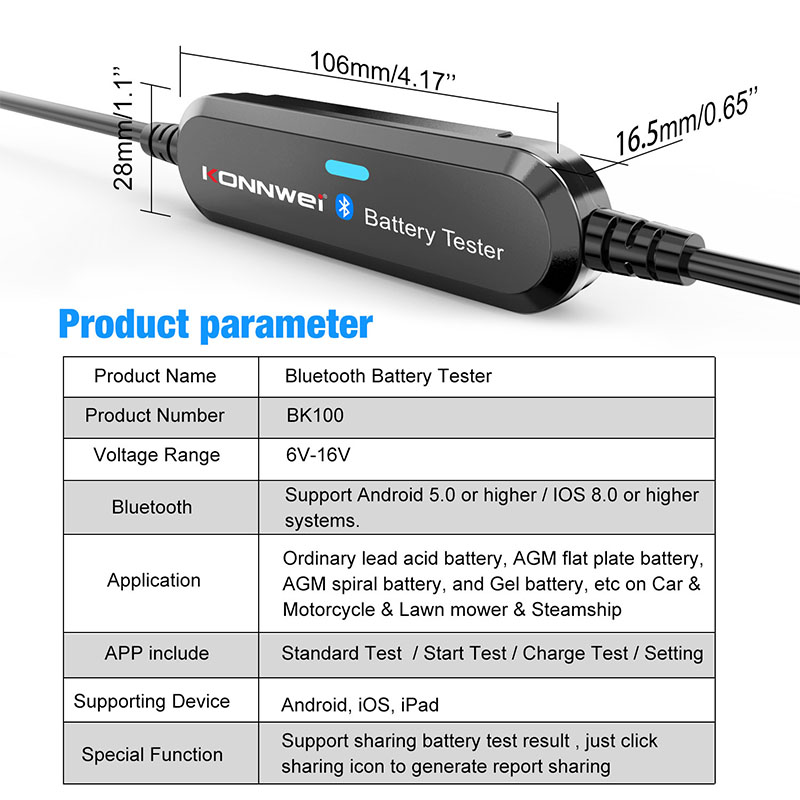 BK100 Bluetooth Car Battery Tester 12V Automotive Lead-Acid Battery Tester 100-2000 CCA 6V 12V Cranking Charging Analyzer