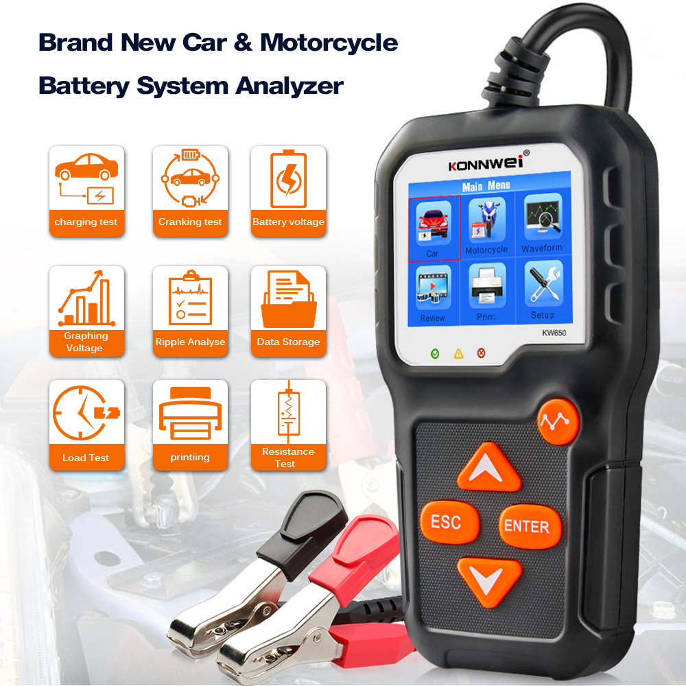 KW650 Car Motorcycle Battery Tester 12V 6V  Battery System Analyzer 2000CCA Charging Cranking Test Tools for the Car