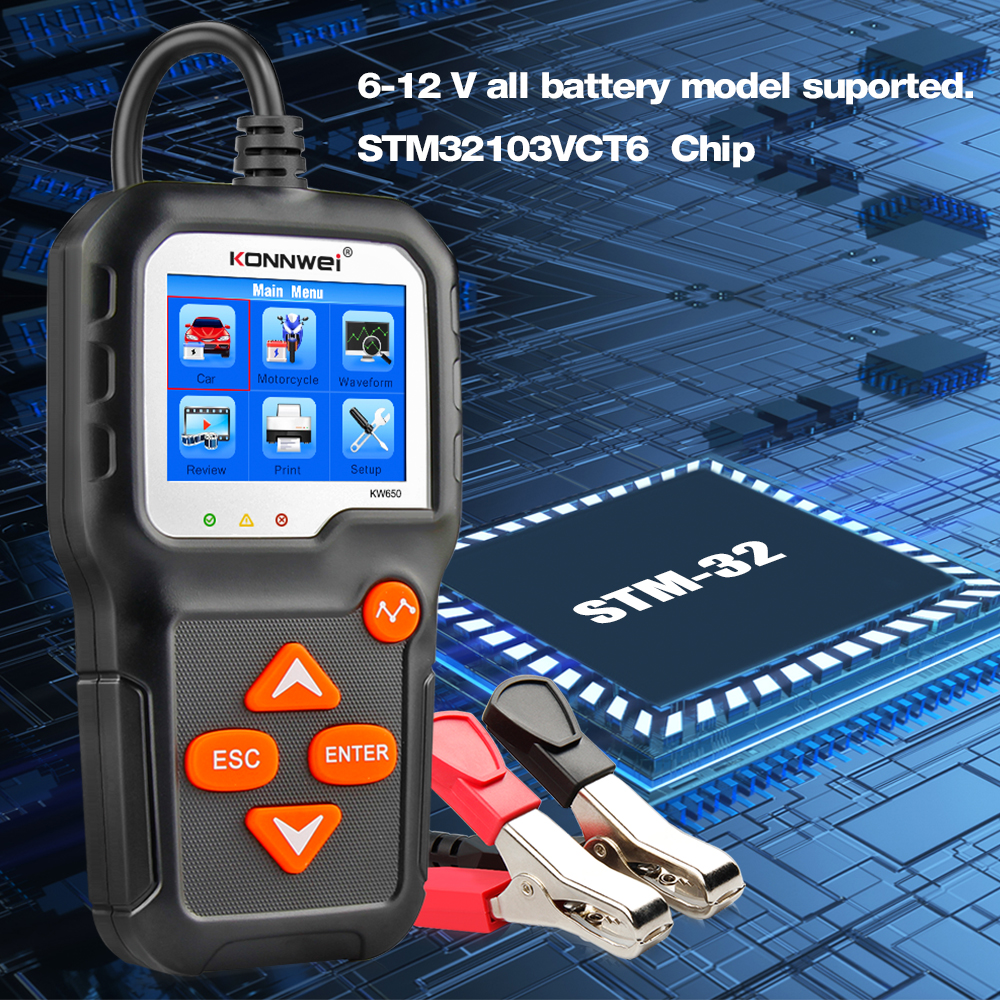 KW650 Car Motorcycle Battery Tester 12V 6V  Battery System Analyzer 2000CCA Charging Cranking Test Tools for the Car