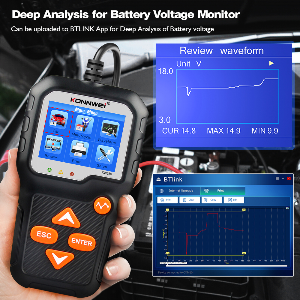 KW650 Car Motorcycle Battery Tester 12V 6V  Battery System Analyzer 2000CCA Charging Cranking Test Tools for the Car