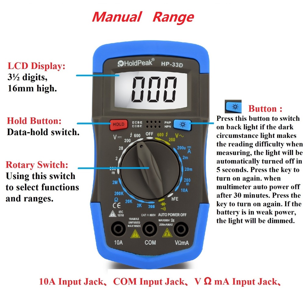 HP-33D (RU warehouse ) Manual Multimeter DC/AC Voltage Current Resistance Diode hFE Battery Test Data Hold Tester