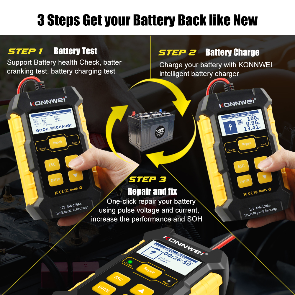 KW510 Full Automatic  12V Car Battery Tester Pulse Repair 5A Battery Chargers Wet Dry AGM Gel Lead Acid Car Repair Tool
