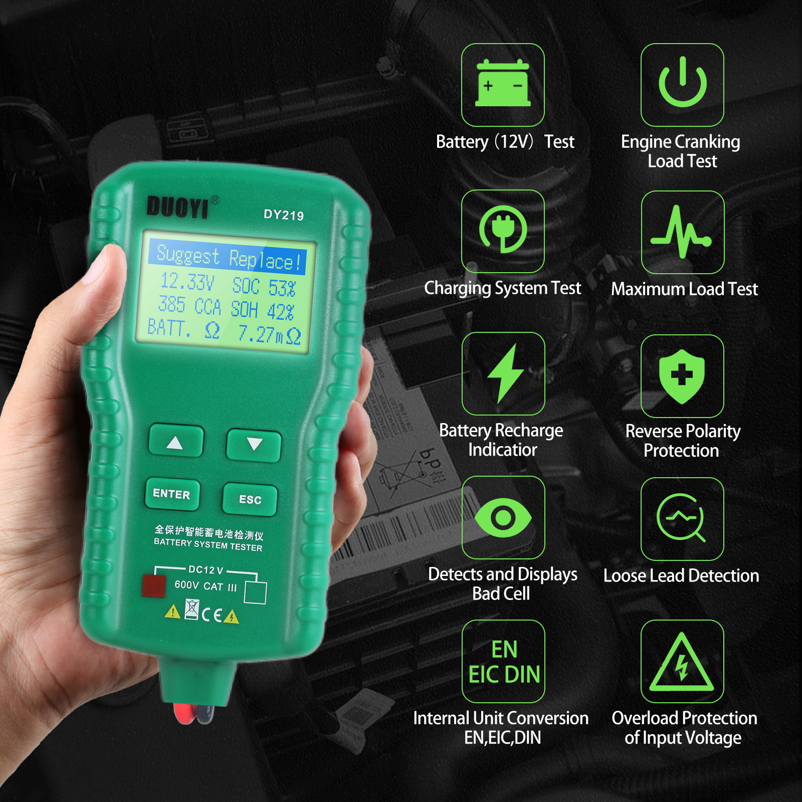DY219 12V Digital Multimeter Automotive Diagnostic Tools Lead Acid  100~1700CCA Load Auto Analyzer Car Battery Tester