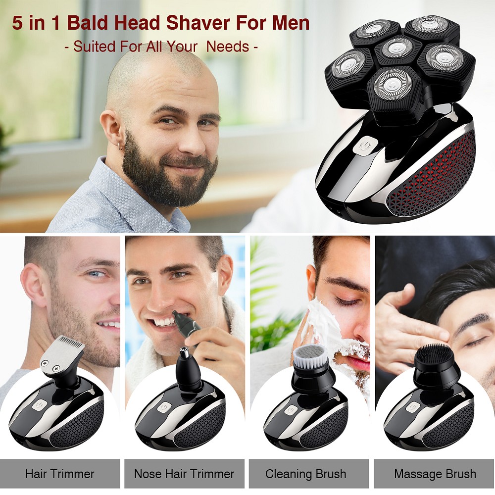 Head Shaver 5 in 1 Electric Razor for Bald Men Trimmer With Nose Hair Sideburns Clipper Waterproof Wet Dry Grooming Kit